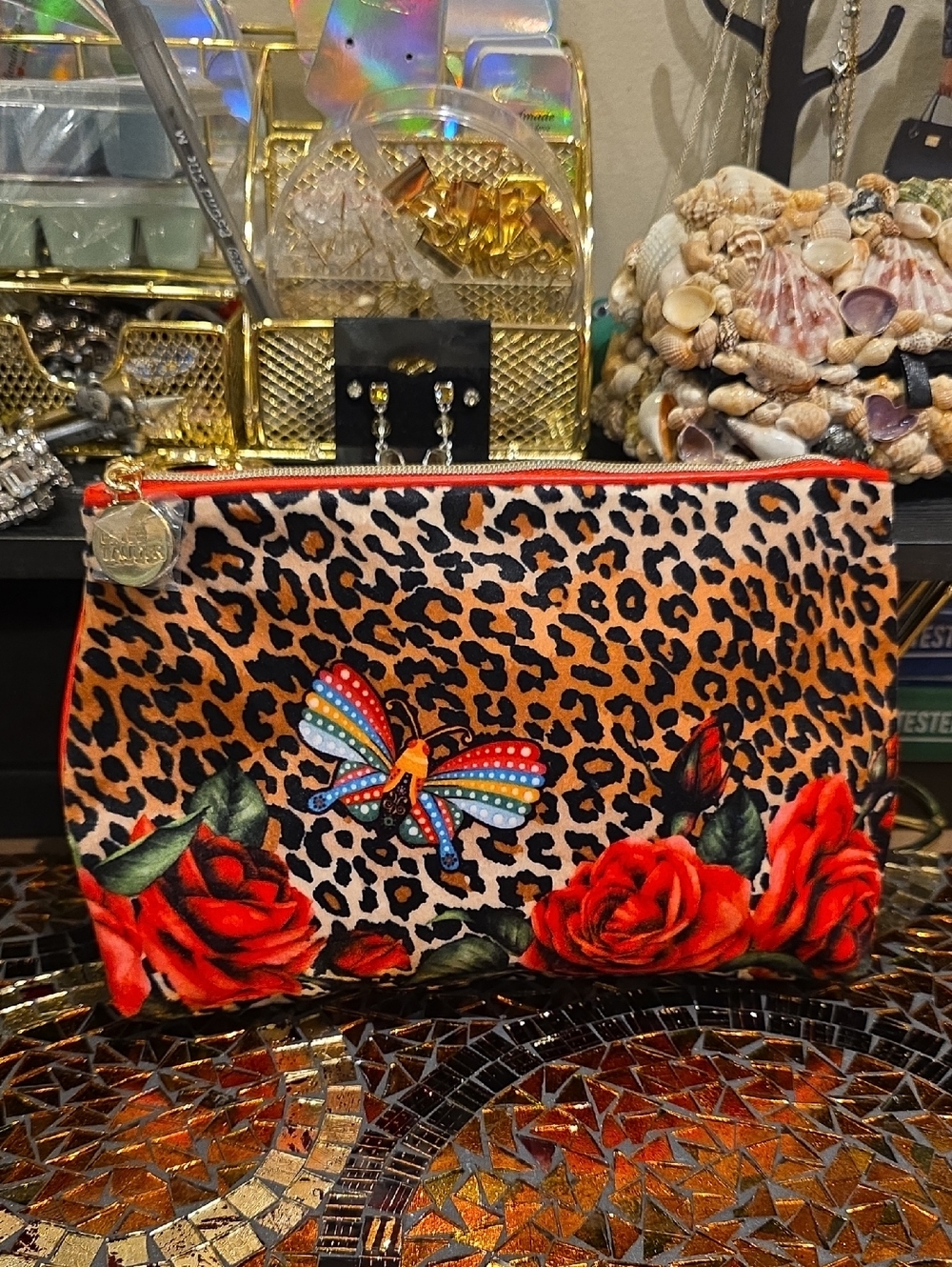 Estee Lauder Leopard Print Cosmetic Bag with Red Roses and Multicolor Butterfly - Picture 1 of 8
